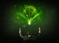 Businessman in chair sitting in front of a glowing tree Royalty Free Stock Photo