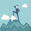 Businessman Character Achievement Top Point Goal Symbol Mountain clouds Background Business concept Flat Design Vector