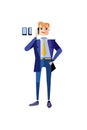 Businessman character in a blue office suite standing talking on the phone. Male character in a suit and a tie with a telephone in Royalty Free Stock Photo