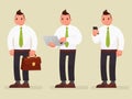 Businessman character with briefcase, laptop and phone. Vector illustration Royalty Free Stock Photo