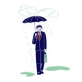 Businessman Character with Briefcase and Umbrella Stand under Rain Cloud. Depression, Passerby at Wet Rainy Autumn Royalty Free Stock Photo