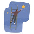 Businessman Character Climb Ladder Take A Star From Sky, Person To Achieve Goal Or Dream. Man Ascend By Stairs