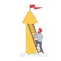 Businessman Character Climb Up Ladder on Peak of Growing Arrow with Red Flag on Top, Business Man Aiming Career Height