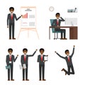 Businessman character design set. African black business man in suit making project presentation, point and showing