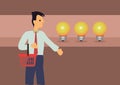 Businessman character finding answer walking to huge light bulb