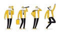 Businessman character. Flat successful businessman in different poses. Happy line male vector illustration