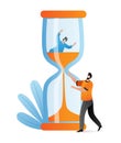 Businessman character help colleague deadline, concept time management, woman sink hourglass flat vector illustration