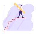 Businessman Character with Huge Arrow in Hands Stand on Top of Growing Business Chart Curve Line on Coordinate System