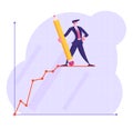 Businessman Character with Huge Pencil in Hand Stand on Top of Growing Business Chart Curve Line on Coordinate System