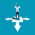 Businessman character illustration confused making decision in business with direction arrow sign. Choices, career growth,