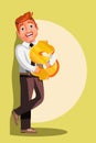 Businessman character keeping in hands and hugs the golden dollar