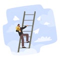 Businessman Character With Light Bulb In Hands Climb Ladder To Achieve Goal. Man With Creative Idea Ascend By Stairs