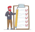 Businessman Character with Pencil Stand at Checklist with Marks in Check Boxes on Huge Clipboard. Business Man Planning Royalty Free Stock Photo