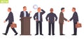 Businessman character set. Man manager in different poses and situations. Person goes to work, stands behind the podium, tired