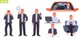 Businessman character set. Man manager in different positions and situations. Person is angry, points to something Royalty Free Stock Photo