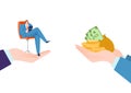 Businessman character sitting office chair get labor salary, hand hold money dollar cash and coin flat vector