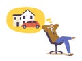 Businessman Character Sitting in Relaxed Pose on Chair Dreaming of Big House and Car. Cherished Dream, Desire of Cottage