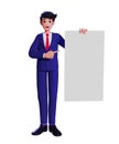 Businessman character standing holding a portrait white blank banner sign and hand pointing Royalty Free Stock Photo