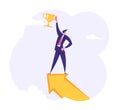 Businessman Character Standing on the Top of Big Arrow with Golden Prize. Leadership, Goal Achievement, Business