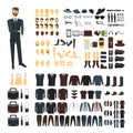 Businessman character with suits set. Body parts collection, stylish clothes, accessories, faces. Front and back views of heads, Royalty Free Stock Photo