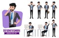 Businessman character vector set. Business male characters office employee sitting in desk, standing and calling isolated. Royalty Free Stock Photo