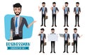 Businessman character vector set. Business man characters corporate sales presentation pose and gestures set like talking.