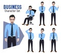 Businessman character vector set. Business man manager characters in sitting and standing pose and gestures. Royalty Free Stock Photo