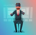 Businessman character wear virtual reality digital glasses. Cartoon Vector Illustration Royalty Free Stock Photo