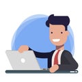 Businessman character working on laptop. Male person in black suit smiling while using his personal computer. Vector Royalty Free Stock Photo