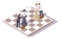 Businessman Characters Playing Chess Board Game, Vector Isometric Illustration. Business Competition, War, Fight Concept
