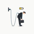 Businessman charging, low charge energy because tired, overworked or stressed vector