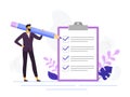 Businessman checklist. Control business checklists, male person holding pencil and exam paper lists. Checks tasks vector Royalty Free Stock Photo