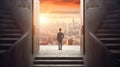 A businessman cheering on stair against concrete wall with key hole door, sunrise scene city skyline outdoor view. Success. Royalty Free Stock Photo