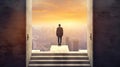 A businessman cheering on stair against concrete wall with key hole door, sunrise scene city skyline outdoor view. Success.