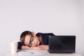 Businessman child get tired and fell asleep Royalty Free Stock Photo