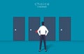 Businessman choice concept design. Man character standing in front of doors of the choice, the path and opportunity to be success Royalty Free Stock Photo