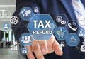 The businessman chooses TAX REFUND on the virtual screen in social network connection