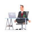 Businessman or clerk in a black suit meditating in office sitting in lotus pose, he is relaxed.