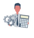 Businessman or clerk holding a calculator and a gears. Male character in simple style, flat vector illustration