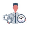 Businessman or clerk holding a clock and a gears. Male character in simple style, flat vector illustration. Business Royalty Free Stock Photo