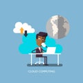 Businessman or a clerk working at his office desk. Cloud computing concept. Flat style modern vector illustration. Royalty Free Stock Photo
