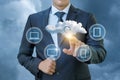The businessman clicks on a data cloud . Royalty Free Stock Photo