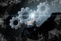 Businessman clicks on a mechanism consisting of gears