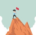 Businessman climber standing on the top of mountain with a red flag