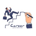 Businessman is climbing career ladder. Human hand drawing stairs close up. Royalty Free Stock Photo