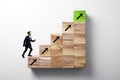 Businessman climbing growing wooden ladder with upward arrows on white background. Career growth and success concept Royalty Free Stock Photo