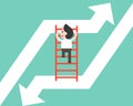 Businessman climbing ladder moving from falling arrow to rising
