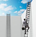 Businessman climbing a ladder to escape from problems