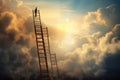 Businessman climbing a ladder to success against cloudy sky with sun rays, Choose the right ladder to reach the goal, AI Generated Royalty Free Stock Photo