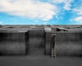 Businessman climbing on ladder to top of concrete maze structure Royalty Free Stock Photo